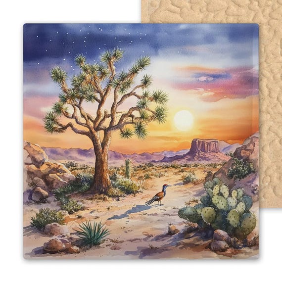 Joshua Tree Ceramic Tile Art – Southwest Desert Wall Decor with Cactus, Sunset, and Bird, Watercolor Landscape Handmade Gift Tile Wall Art