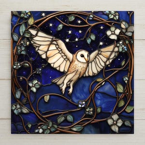 Art Nouveau Barn Owl Ceramic Tile: Cottagecore Wall Decor
