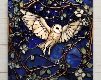 Barn Owl Stained Glass Style Ceramic Art Tile: Cabin Wall Decor Nature Lover Gift Woodland Home Decor Wall Art