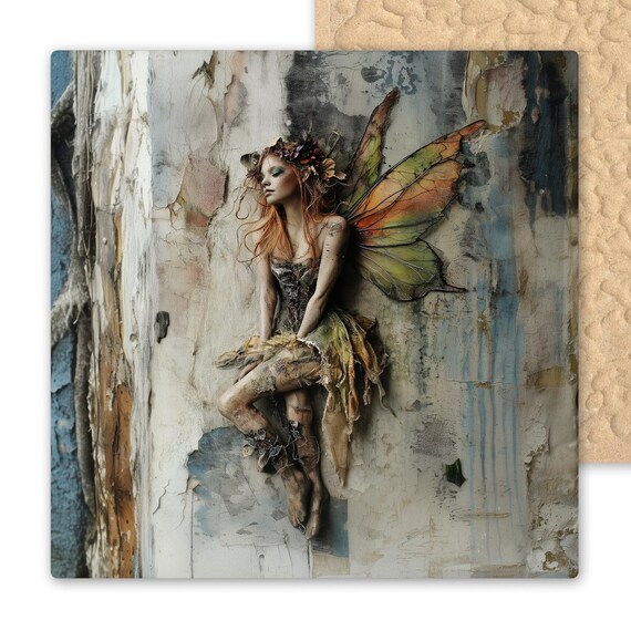 Enchanted Woodland Fairy Ceramic Tile Art - Rustic Boho Fantasy Wall Decor with Autumn Wings
