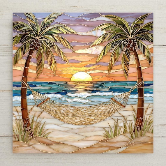 Coastal Sunset Wall Art Ceramic Tile – Tropical Beach Decor with Palm Trees and Hammock, Ocean Sunset Home Decor Gift