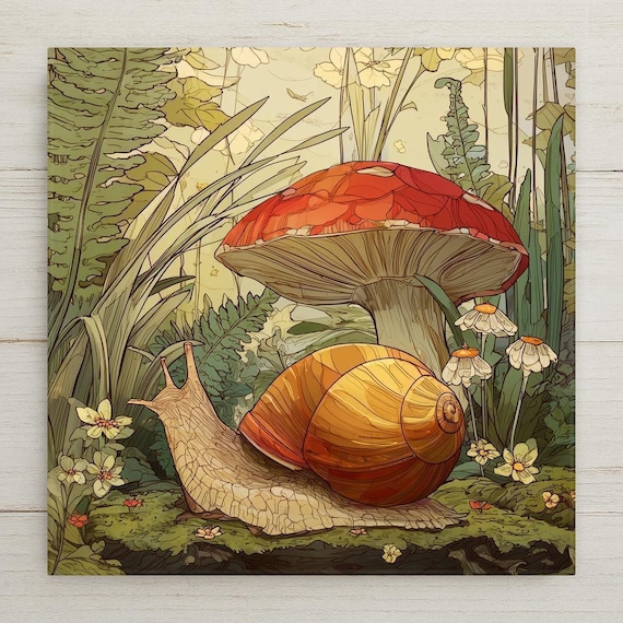 Garden Snail Ceramic Tile Wall Art - Cottagecore Mushroom Botanical Nature Decor Gift
