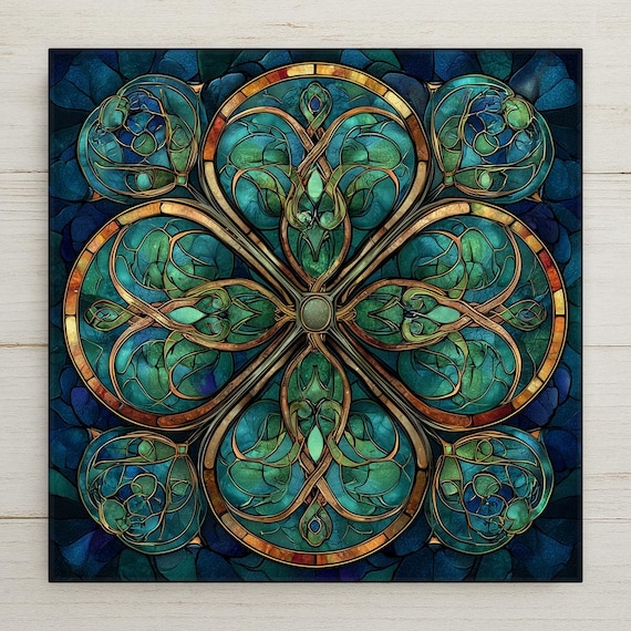 Celtic Knot Wall Art Ceramic Tile – Stained Glass Irish Clover Decor – Green Spiritual Wall Decor – Celtic Home Decor Gift