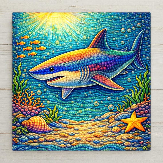 Whimsical Shark Ceramic Tile Wall Art – Ocean Nursery Decor, Coastal Baby Shower Gift, Colorful Sea Life Home Decor