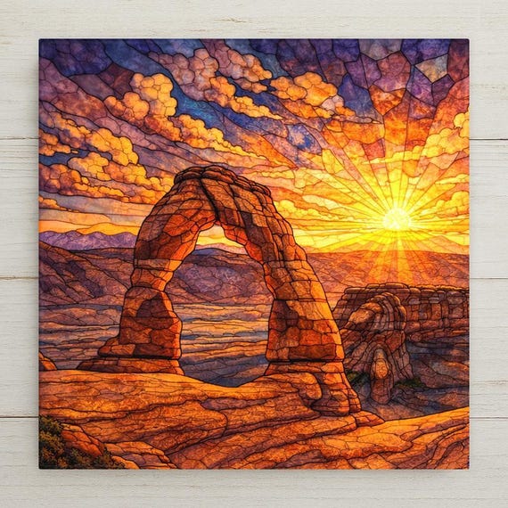 Arches National Park Ceramic Tile Wall Art – Delicate Arch Stained Glass Landscape, Utah Desert Wall Decor, Nature Home Decor Gift