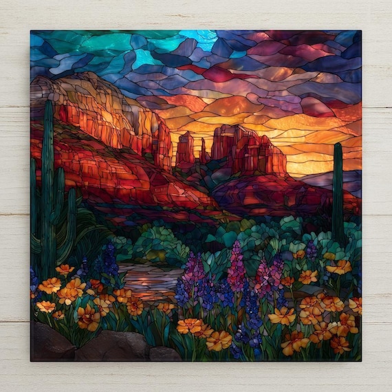 Sedona Red Rock Stained Glass Style Ceramic Tile Art with Wildflowers Sunset Desert Landscape Southwest Wall Decor