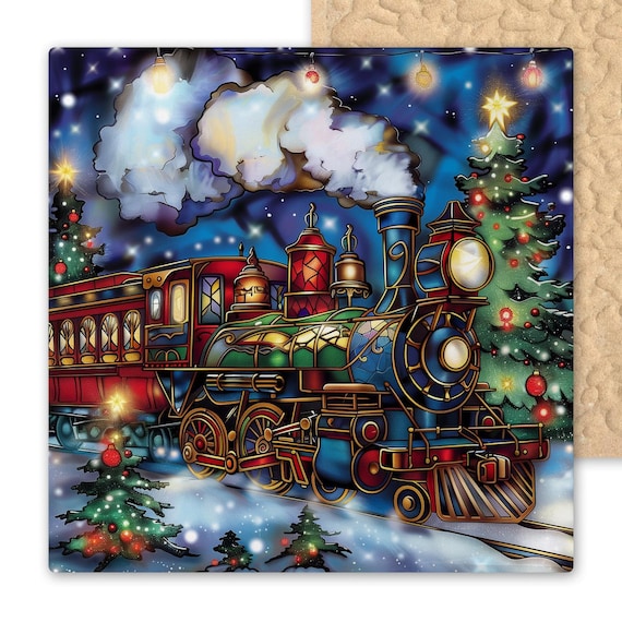 Festive Stained Glass Christmas Train Ceramic Tile Wall Art - Holiday Railway Winter Scene Gift Print