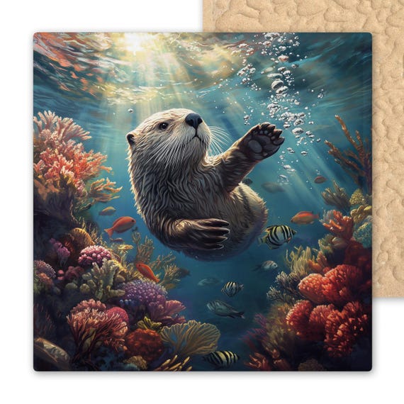 Adorable Sea Otter Ceramic Tile - Coastal Beach House Decor - Ocean Animal Wall Art for Bathroom