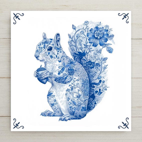 Delft Blue Squirrel Tile Art: Dutch Floral Cottage Decor