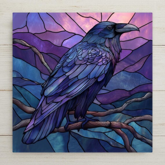 Raven Ceramic Tile Wall Art – Stained Glass Style Gothic Decor, Mystical Bird Artwork, Enchanted Fantasy Wall Art Gift Decorative Tile