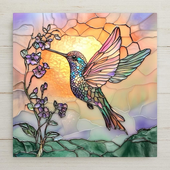Vibrant Hummingbird Ceramic Tile: Stained Glass Inspired Wall Art for Nature Enthusiasts
