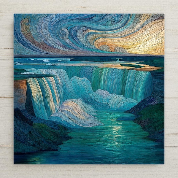 Arte mural de las Cataratas del Niágara: Azulejos de cerámica estilo cascada, mosaico estilo vidriera, paisaje natural, regalo para el hogar.