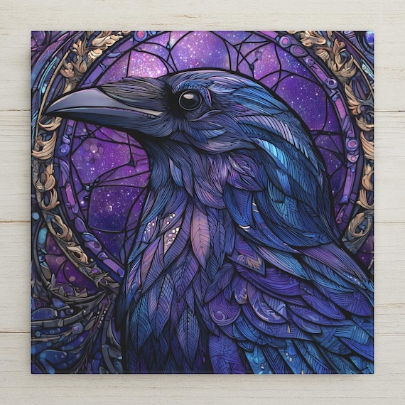 Stained Glass Raven Ceramic Tile Wall Art – Mystical Night Sky Decor, Gothic Bird Design, Dark Forest Home Accent, Unique Wildlife Gift
