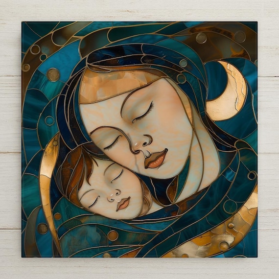 Mother and Child Calming Wall Art Ceramic Tile – Stained Glass Style, Peaceful Home Decor