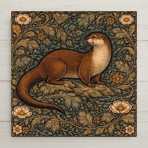 May include: A square wall art print featuring a brown otter standing on a rock, surrounded by an intricate pattern of golden-brown acanthus leaves and small flowers against a dark blue background, rendered in a detailed illustrative style.