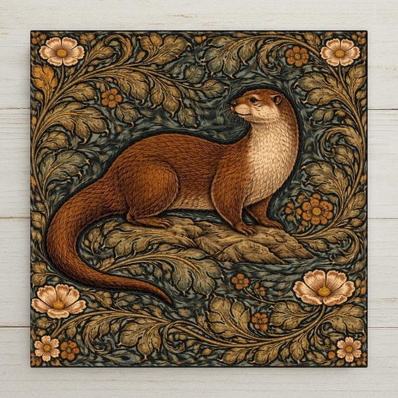 Otter Ceramic Tile Wall Art – William Morris Style Woodland Animal Decor, Rustic Cabin Wall Art, Otter Lover Gift
