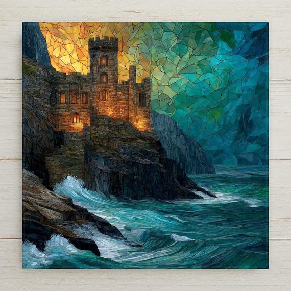 Coastal Castle Ceramic Tile Wall Art - Stained Glass Style Ocean Fortress Fantasy Home Decor Gift