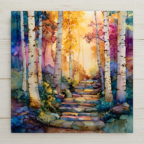 Birch Forest Wall Art Ceramic Tile – Colorful Aspen Tree Landscape Wall Decor, Stained Glass Style Nature Home Decor
