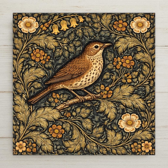 Bird Wall Art Ceramic Tile – William Morris Style Botanical Decor – Cottagecore Wall Decor – Vintage Floral Home Decor Gift