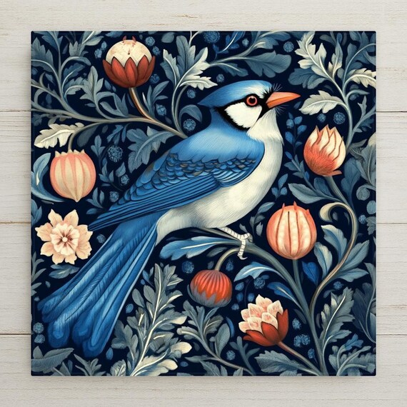 Blue Jay Ceramic Tile: William Morris Art Nouveau Bird Decor