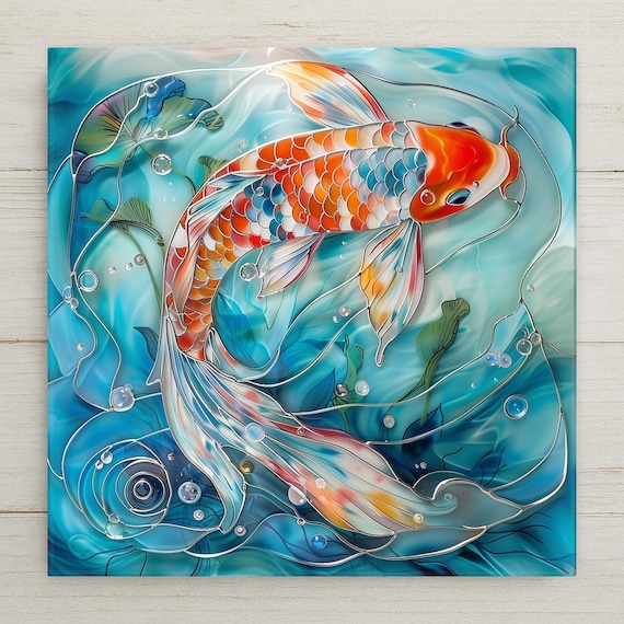 Koi Fish Ceramic Tile: Japanese Zen Wall Art