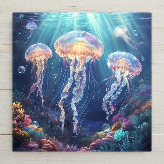 Luminescent Jellyfish Ceramic Tile: Ocean-Inspired Trivet, Wall Art & Bathroom Decor for Coastal Homes