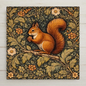 Azulejo de cerámica con diseño de ardilla al estilo William Morris – Tapiz de bosque para decoración de pared, acento rústico para cabaña