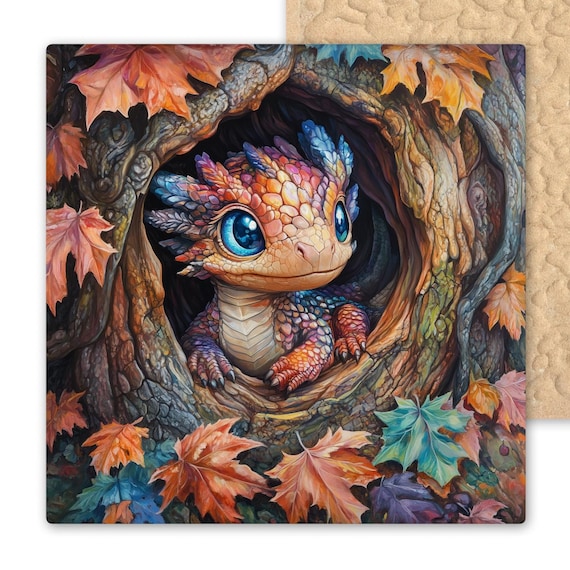 Whimsical Autumn Baby Dragon Ceramic Tile Art - Fantasy Woodland Creature Wall Decor for Nursery