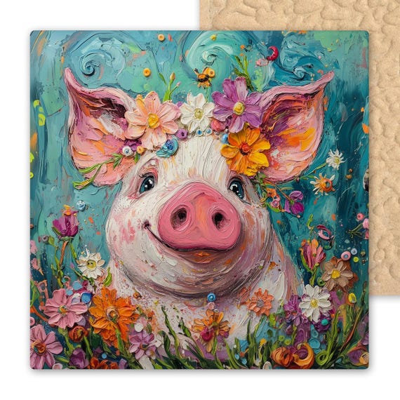 Whimsical Floral Pig Ceramic Tile Wall Art - Farmhouse Kitchen Decor, Garden Accent, Animal Lover Gift