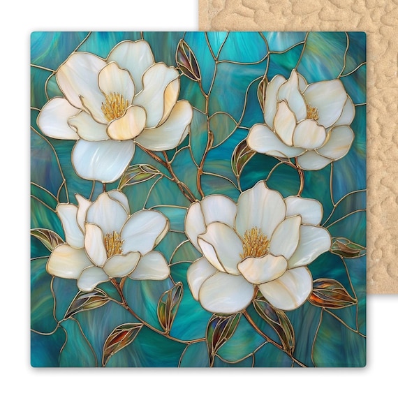 Art Nouveau Magnolia Tile – Stained Glass Look Botanical Wall Decor – White Flowers on Teal Background 2 of 2