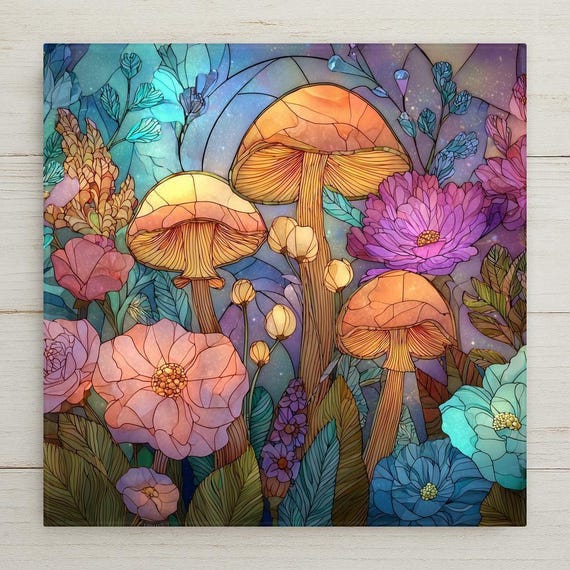 Mushroom Ceramic Tile Wall Art - Whimsical Floral Woodland Cottagecore Fantasy Nature Decor Stained Glass Style