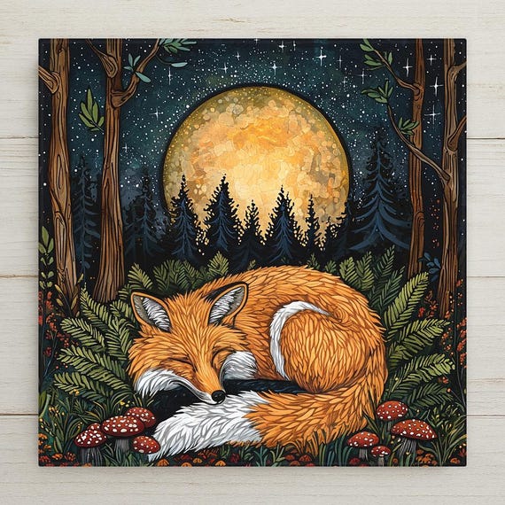 Woodland Fox Ceramic Tile Art: Moonlit Forest Scene Wall Decor