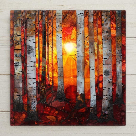 Birch Forest Wall Art Ceramic Tile – Sunset Woodland Decor – Dramatic Nature Wall Decor – Rustic Cabin Wall Art Home Decor