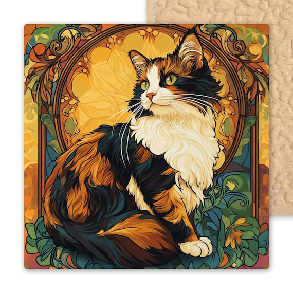 Art Nouveau Calico Cat Ceramic Tile - Vintage Floral Frame Wall Decor - Feline Lover Gift