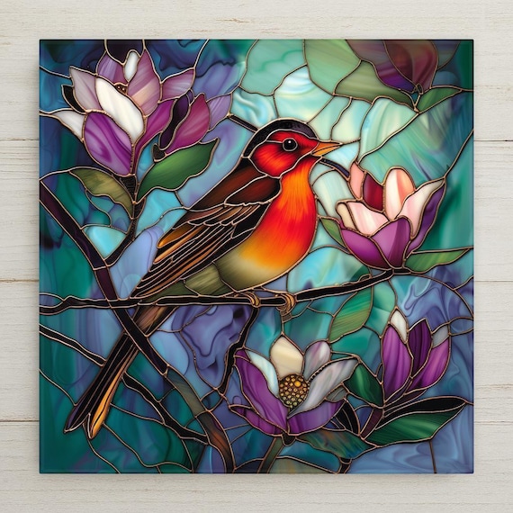 Magnolia Red Robin Ceramic Tile: Home Decor Stained Glass Style Wall Art for Nature Lovers