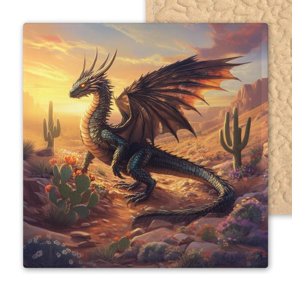 Southwestern Dragon Ceramic Tile: Fantasy Wall Art, Gothic Trivet, Desert Sunset Mythical Creature Gift
