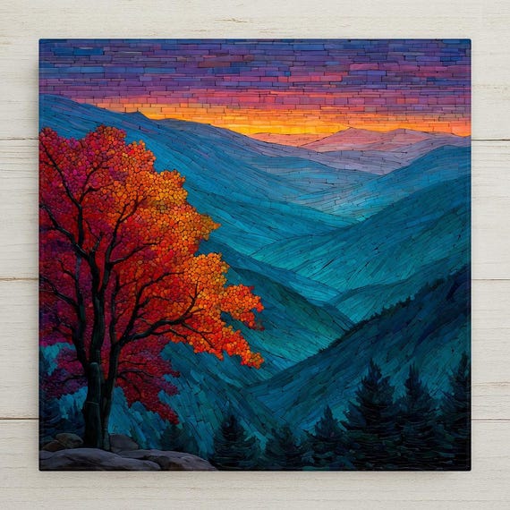 Smoky Mountains Autumn Sunset Ceramic Tile Art - Stained Glass Mosaic Landscape Wall Decor