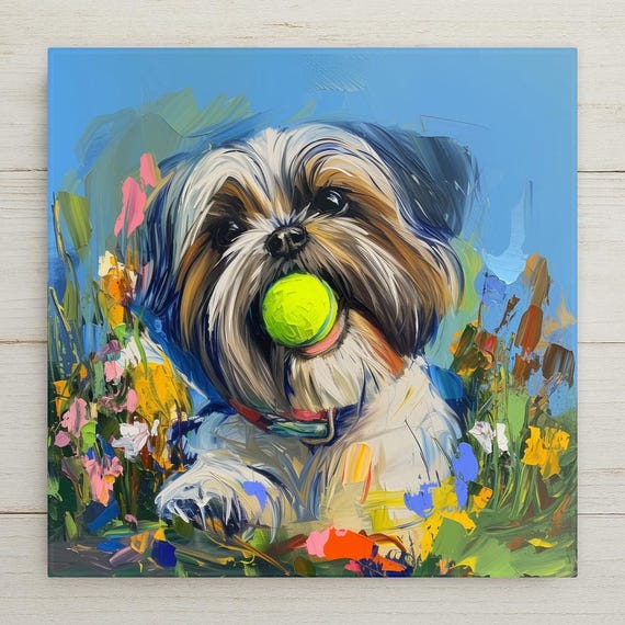 Shih Tzu Ceramic Tile Art: Dog Portrait with Tennis Ball