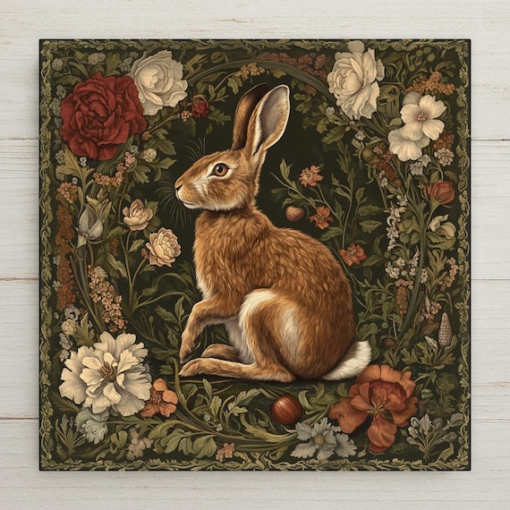 Art Nouveau Ceramic Tile: Woodland Hare Inspired by William Morris - Vintage Bunny Wall Decor