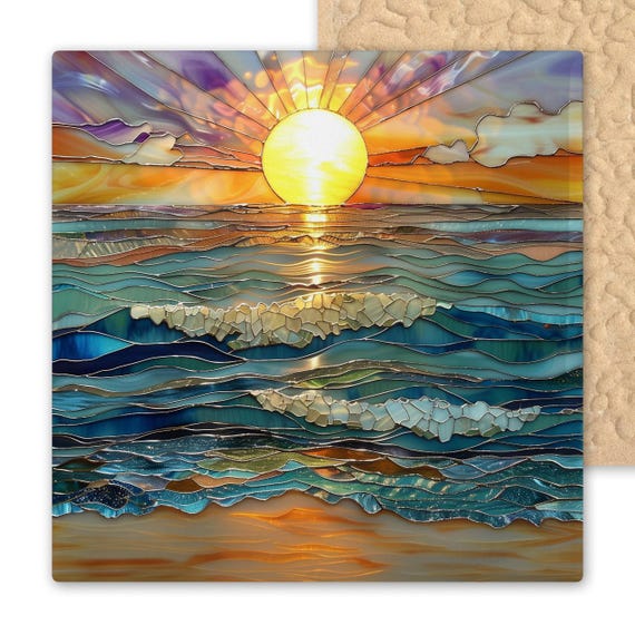 Stained Glass-Style Ocean Waves Sunset Ceramic Tile - Coastal Beach House Wall Decor