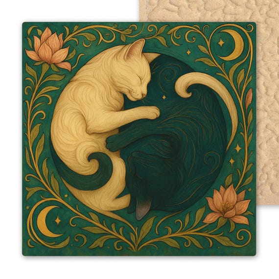 Yin Yang Cats Ceramic Tile - Art Nouveau Home Decor