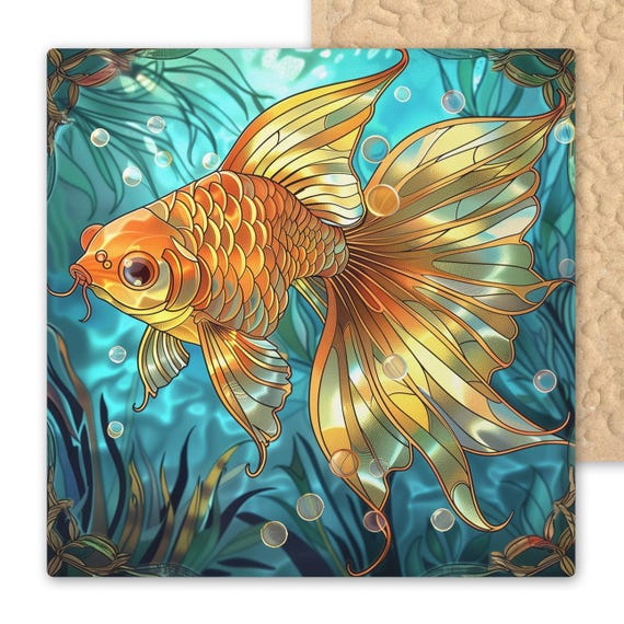 Handcrafted Goldfish Ceramic Tile Wall Art: Boho Aquatic Bathroom Decor, Tropical Nature-Inspired Accent