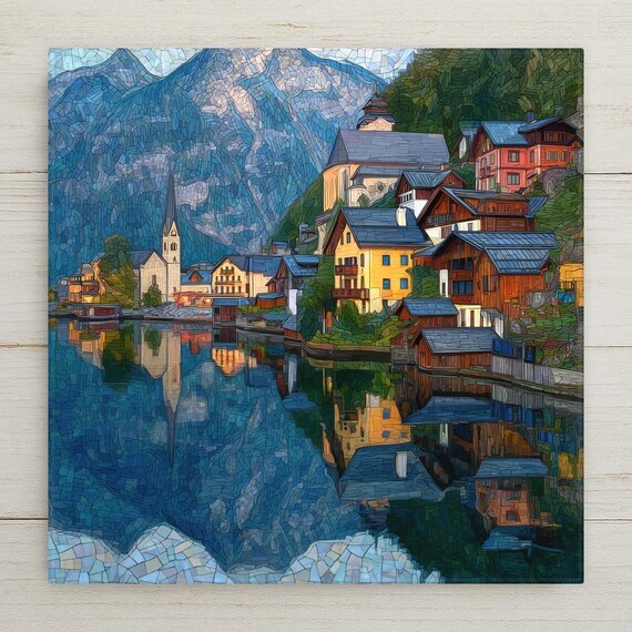 Hallstatt Austria Ceramic Tile Wall Art – Alpine Lake Village Reflection, European Mountain Wall Decor, Travel Inspired Home Decor