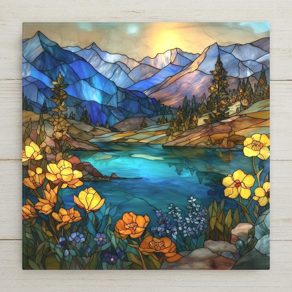 Glacier National Park Ceramic Tile Art - Stained Glass Mountain Lake Landscape Wall Decor for Home