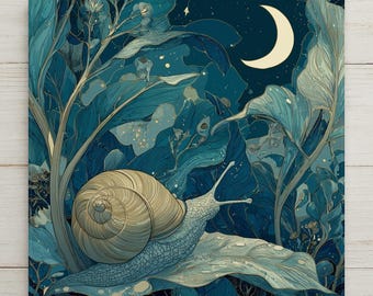 Moonlit Snail Ceramic Art Tile – Witchy Celestial Night Garden Decor, Whimsical Cottagecore Accent