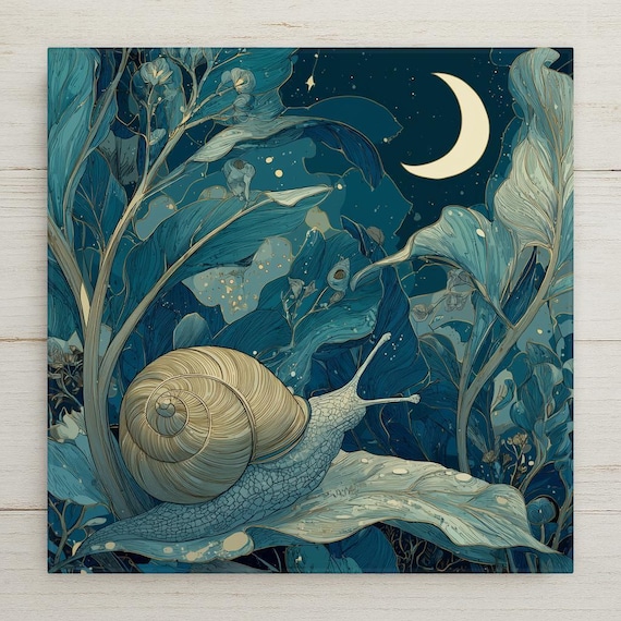 Moonlit Snail Ceramic Tile Wall Art – Whimsical Night Garden Decor, Cottagecore Home Decor, Romantic Nature Art Gift