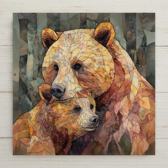 Rustic Bear and Cub Wall Art – Wildlife Ceramic Animal Tile for Woodland Nursery, Cabin Gift, Lodge Home Decor, Decorative Tile