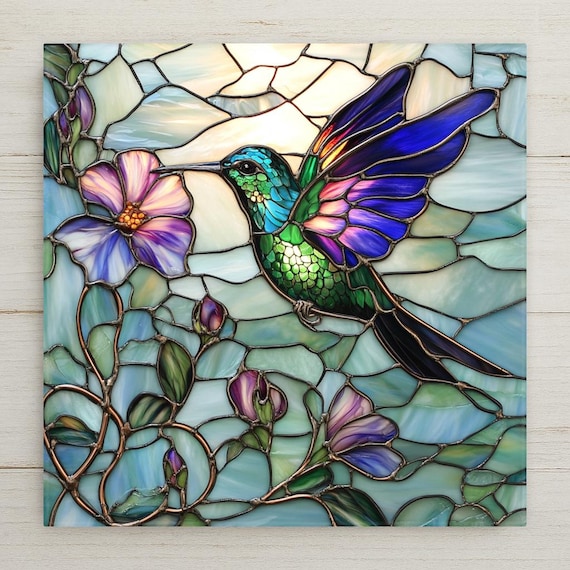 Stained Glass-Inspired Ceramic Hummingbird Tile - Handmade Purple Floral Wall Art for Garden Lovers