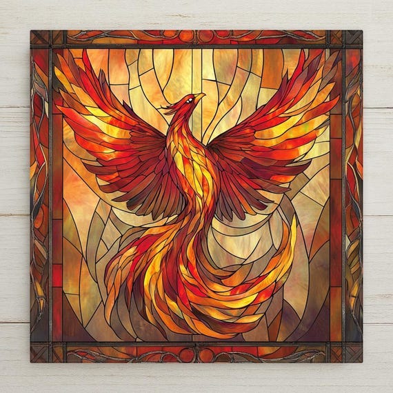Phoenix Rising Ceramic Tile Art: Stained Glass Style Home Decor