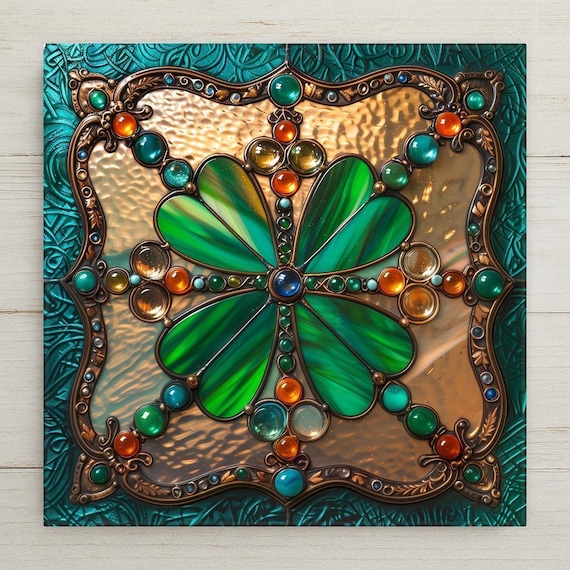 Emerald Green Stained Glass Shamrock Tile: Celtic Four Leaf Clover Wall Art for Irish Home Decor